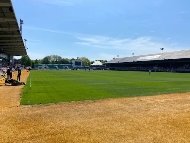 Pitchside view of a sunny Rodney Parade during the off season.